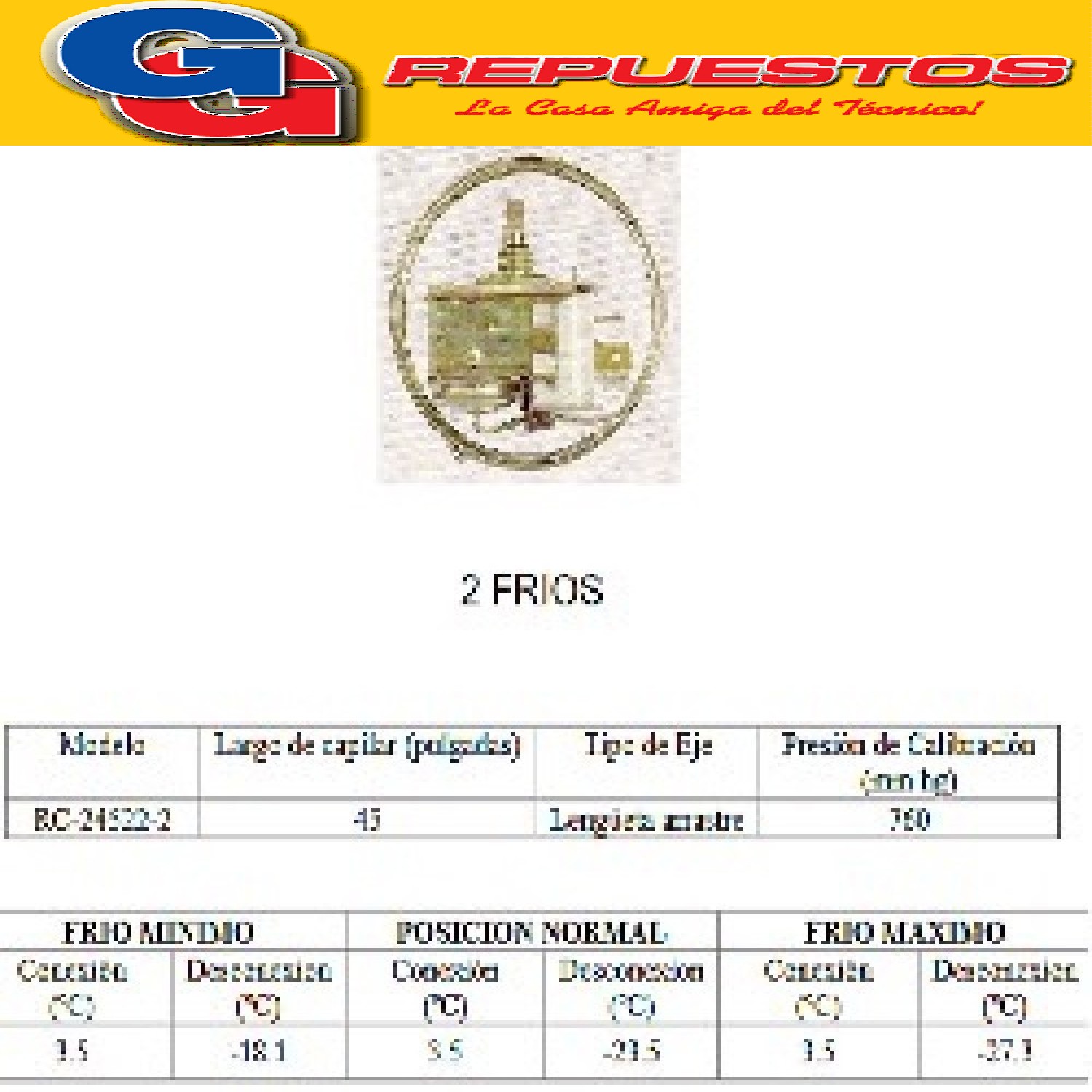 TERMOSTATO TIPO RC 24522-2S / PEABODY / 2 FRIOS 3 CONTACTOS  EJE REDONDO CON LENGUETA (+3.5-18.1_-23.5_-27.3)