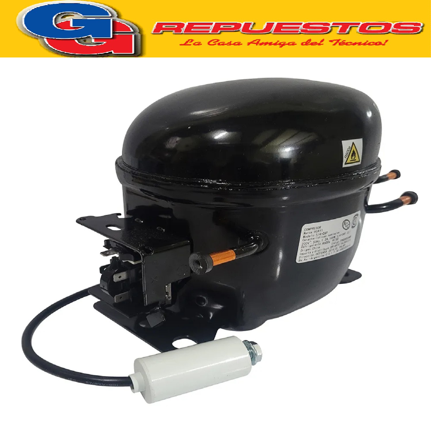 MOTOCOMPRESOR HUAYI 1/4+ HP CON CAPACITOR GAS R600A 1.2A 165 W 50hz 1/4 + CON CAPACITOR DE 3UF