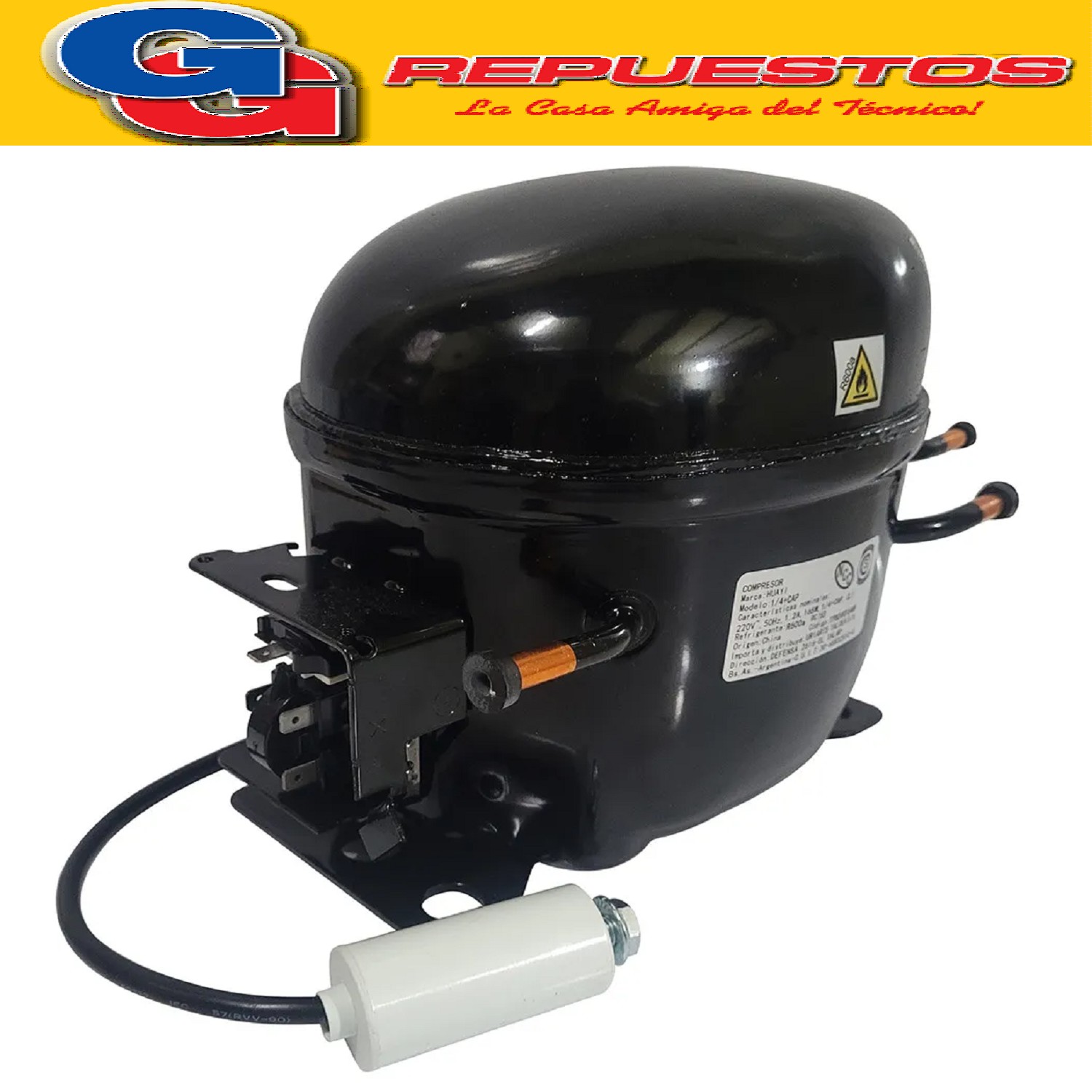 MOTOCOMPRESOR HUAYI 1/4+ HP CON CAPACITOR GAS R600A 1.2A 165 W 50hz 1/4 + CON CAPACITOR DE 3UF