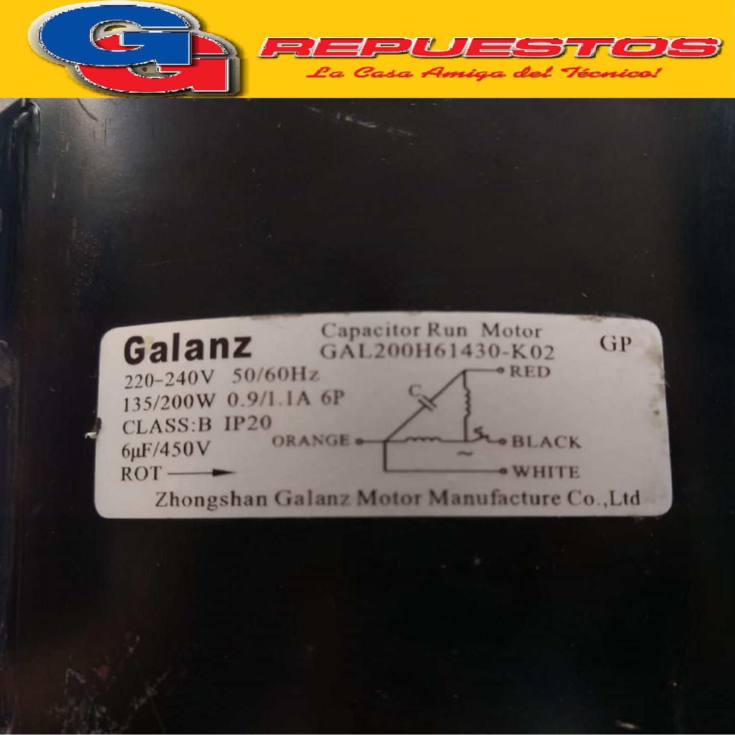 FORZADOR MOTOR CONDENSADOR AIRE ACONDICIONADO GAL200H61430 - K02 135-200W 220-240V 0.9/1.1A - 6 POLOS, CAPACITOR 6uf PARA PISO TECHO