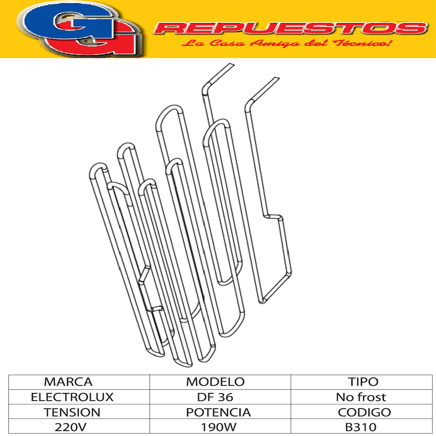 RESISTENCIA ALUMINIO PARA HELADERA ELECTROLUX DF36 DF37 DF39 DW39 DF34 NO FROST (B310)-ELECTROLUX B400 220V 190W Cod.Origen:
5211064 (ELECTROLUX) 64684711_Kit 41015378 RESIST DESH DEL EVAP 220V / 64684610
Produttore: Ind.Argentina (B310)
