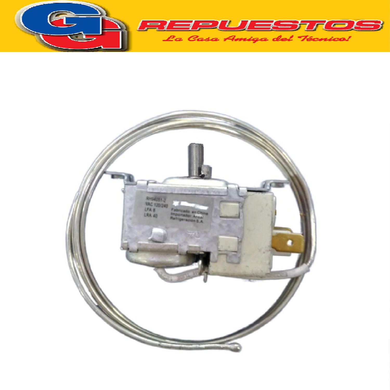 TERMOSTATO HELADERA BlueStar RC45070-4S AMBIENTE EXHIBIDORA  GAFA CON LENGUETA (+9.2+0.9_+3-7) 2 CONTACTOS EJE REDONDO CAPILAR 1.27M = RC-24572-2