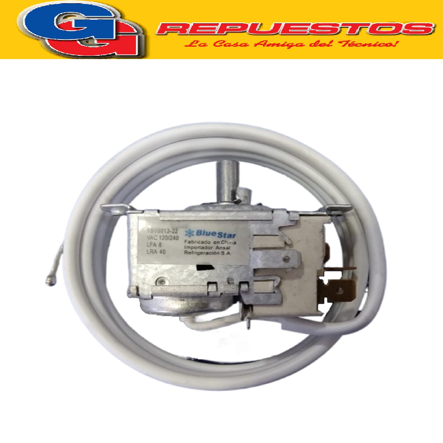 TERMOSTATO HELADERA BlueStar RC45070-4S AMBIENTE EXHIBIDORA  GAFA CON LENGUETA (+9.2+0.9_+3-7) 2 CONTACTOS EJE REDONDO CAPILAR 1.27M = RC-24572-2