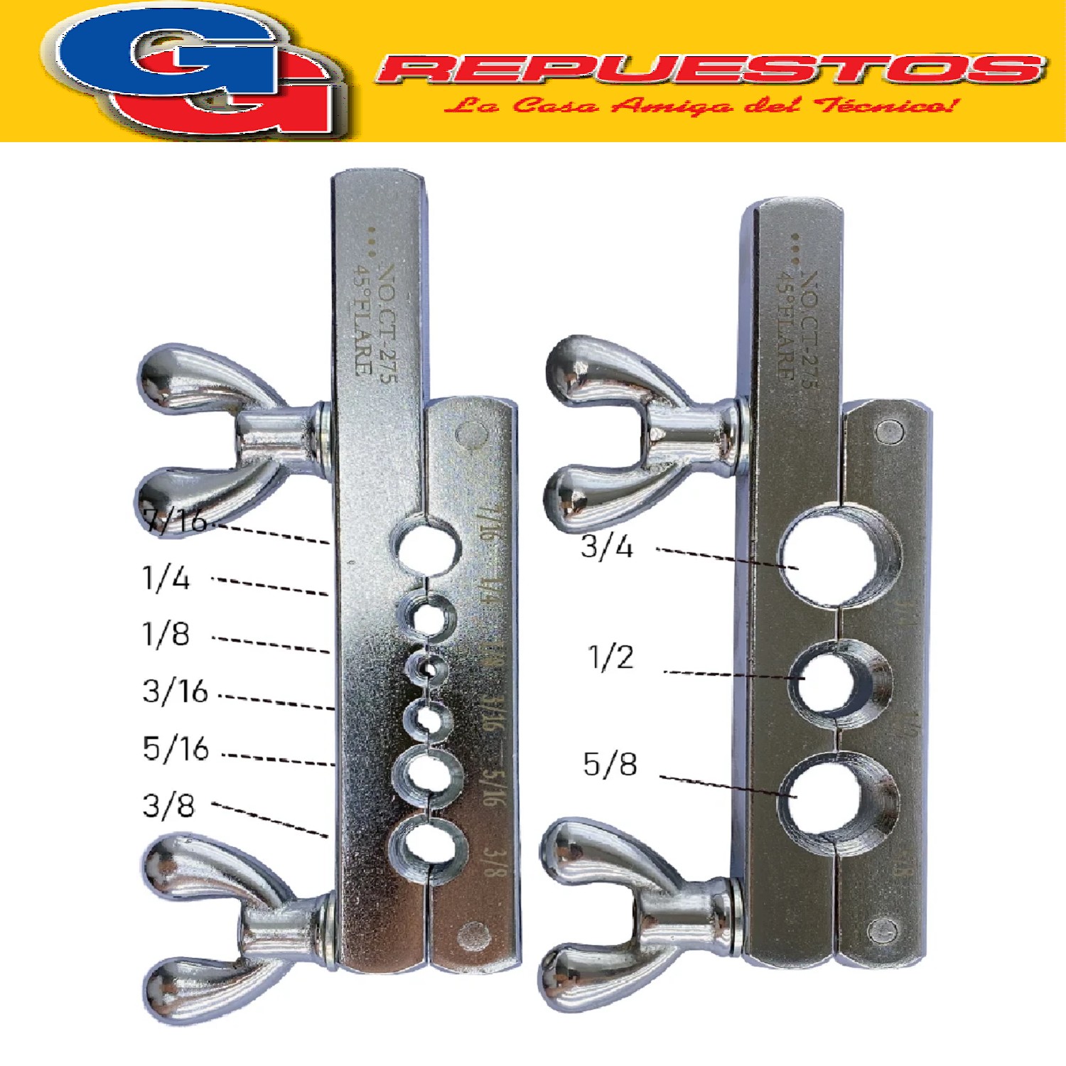 CAJA DE HERRAMIENTAS CT-275 kit pestañadora
 Maletin de Transporte
Pestañadora: 1/8, 3/16, 1/4, 5/16, 3/8, 7/16, 1/2, 5/8, 3/4.Expansor: 3/16, 1/4, 5/16, 3/8, 1/2, 5/8, 3/4.