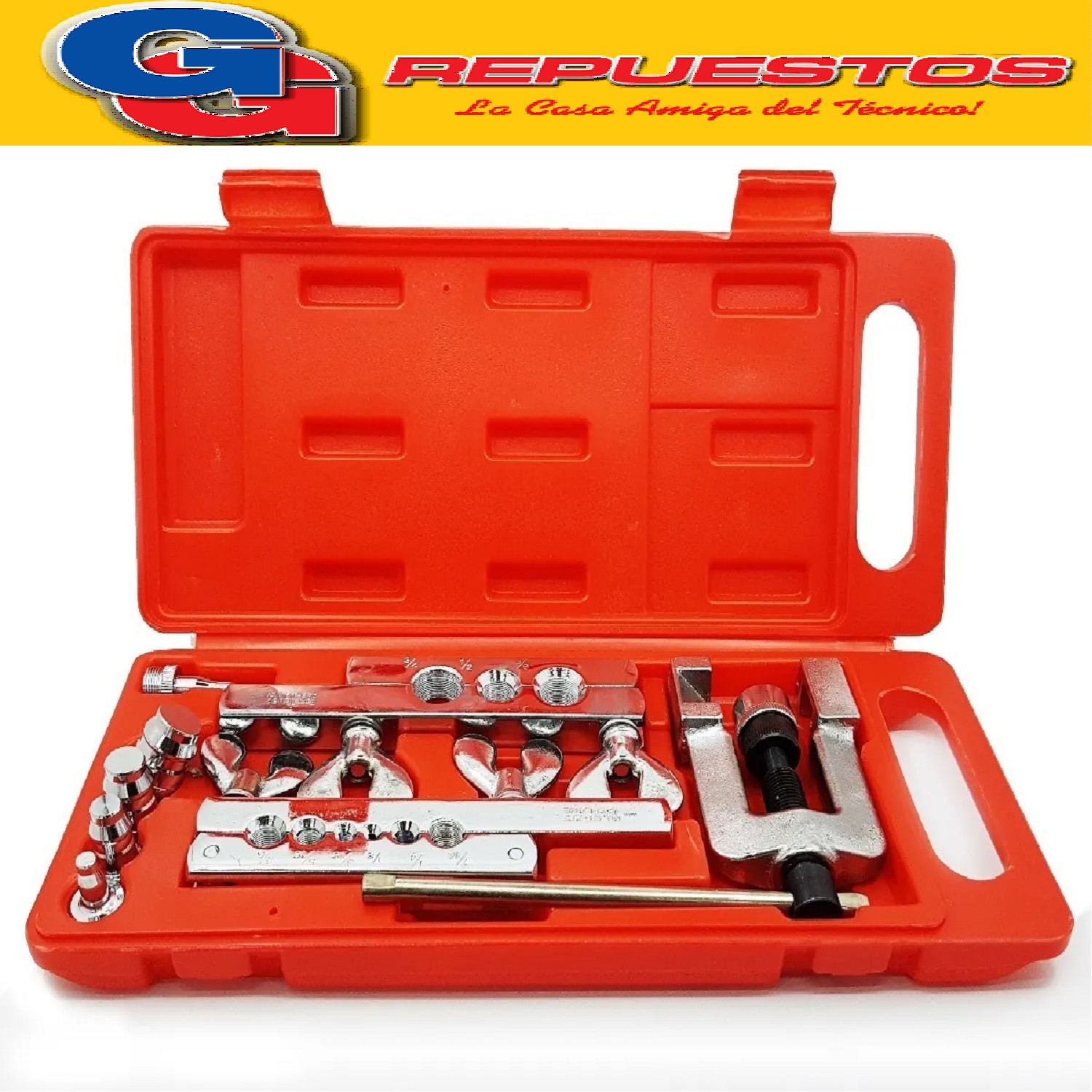 CAJA DE HERRAMIENTAS CT-275 kit pestañadora
 Maletin de Transporte
Pestañadora: 1/8, 3/16, 1/4, 5/16, 3/8, 7/16, 1/2, 5/8, 3/4.Expansor: 3/16, 1/4, 5/16, 3/8, 1/2, 5/8, 3/4.