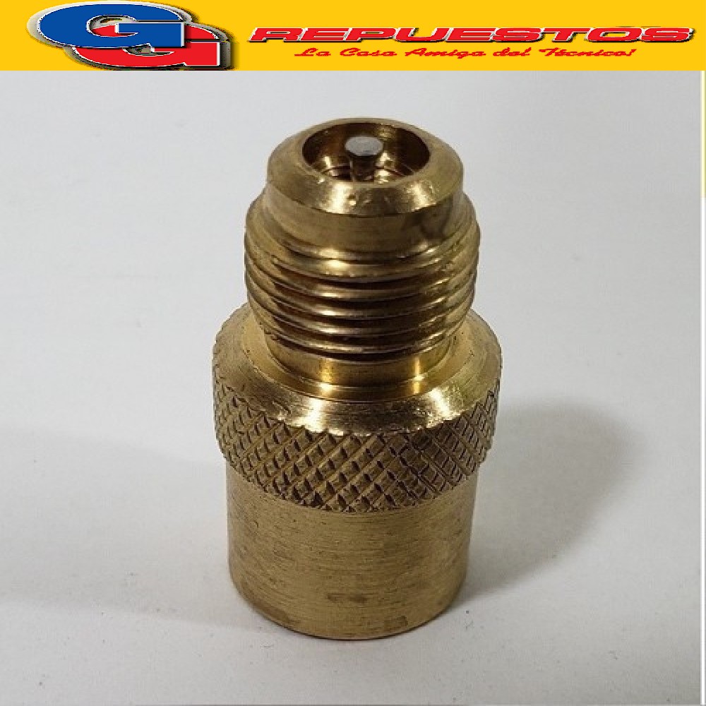 ADAPTADOR PARA GARRAFA DESCARTABLE LATA ROSCA FINA CON VALV  ULA R22-R134-MO49- YH12 ROSCA 1/4 MACHO  X 1/4 HEMBRA