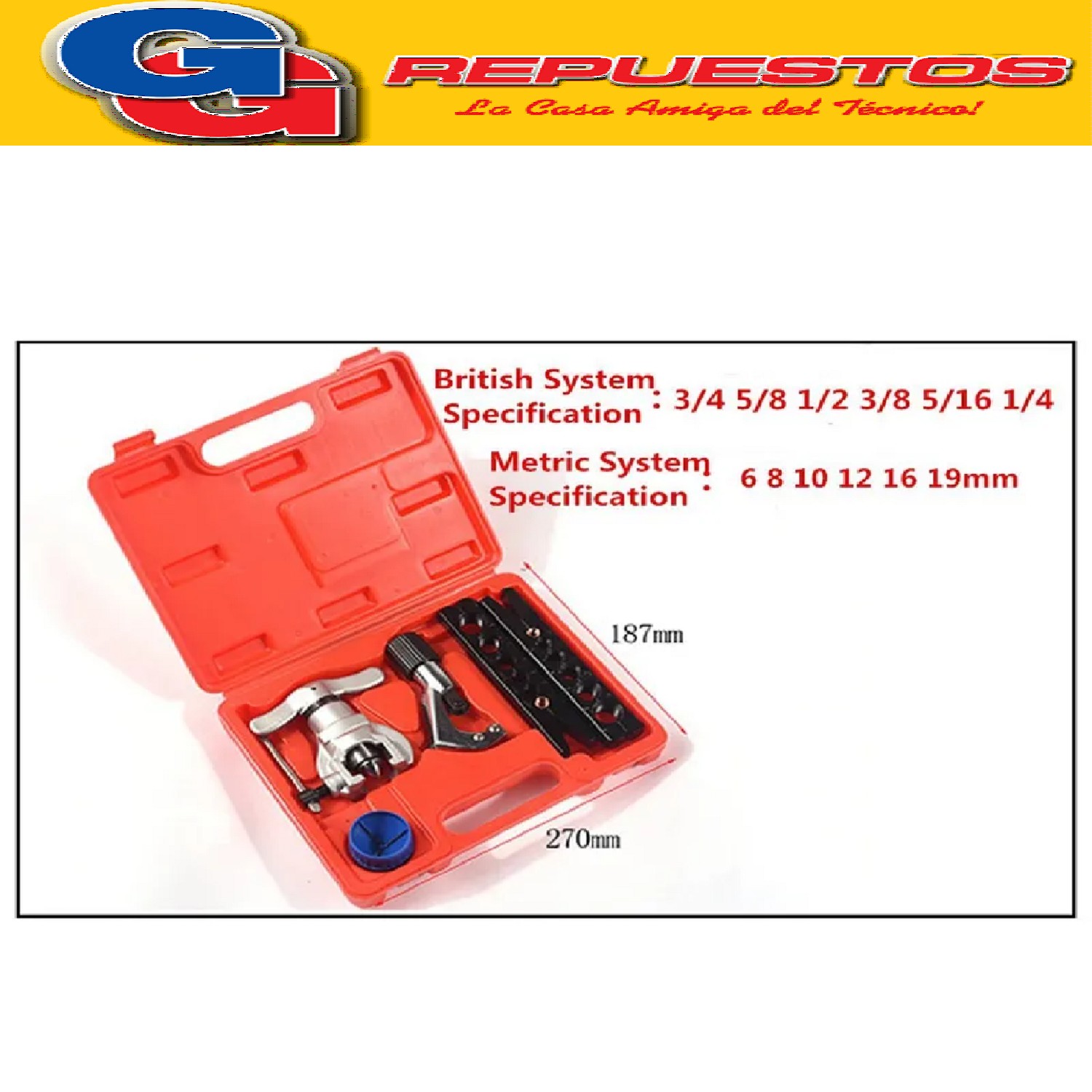 CAJA DE HERRAMIENTAS CT-808 PESTAÑADORA CON EMBRAGUE CORTADORA LT-808-F Herramienta de abocardado excéntrico de 45 ° PARA CAÑOS EN mm 6mm,8mm,10mm,12mm,16mm,19mm
PARA CAÑOS EN PUGADAS
 1/4,5/16,3/8,1/2,5/8,3/4
Tamaño del cortador de tubos de alta resistencia: 1/8 -11/8 (4-28mm)
Desbarbador de tubos, capacidad: 5mm-35mm