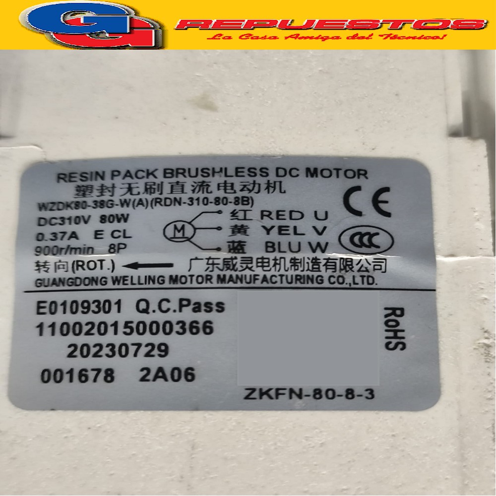 MOTOR FORZADOR AIRE ACONDICIONADO SPLIT CONDENSADOR   INVERT ER WZDK80-38G-W(A)(RDN-310-80-8B) DC310V 80W 0.37A 900RPM EJE 12MM  ROSCA 8 MM