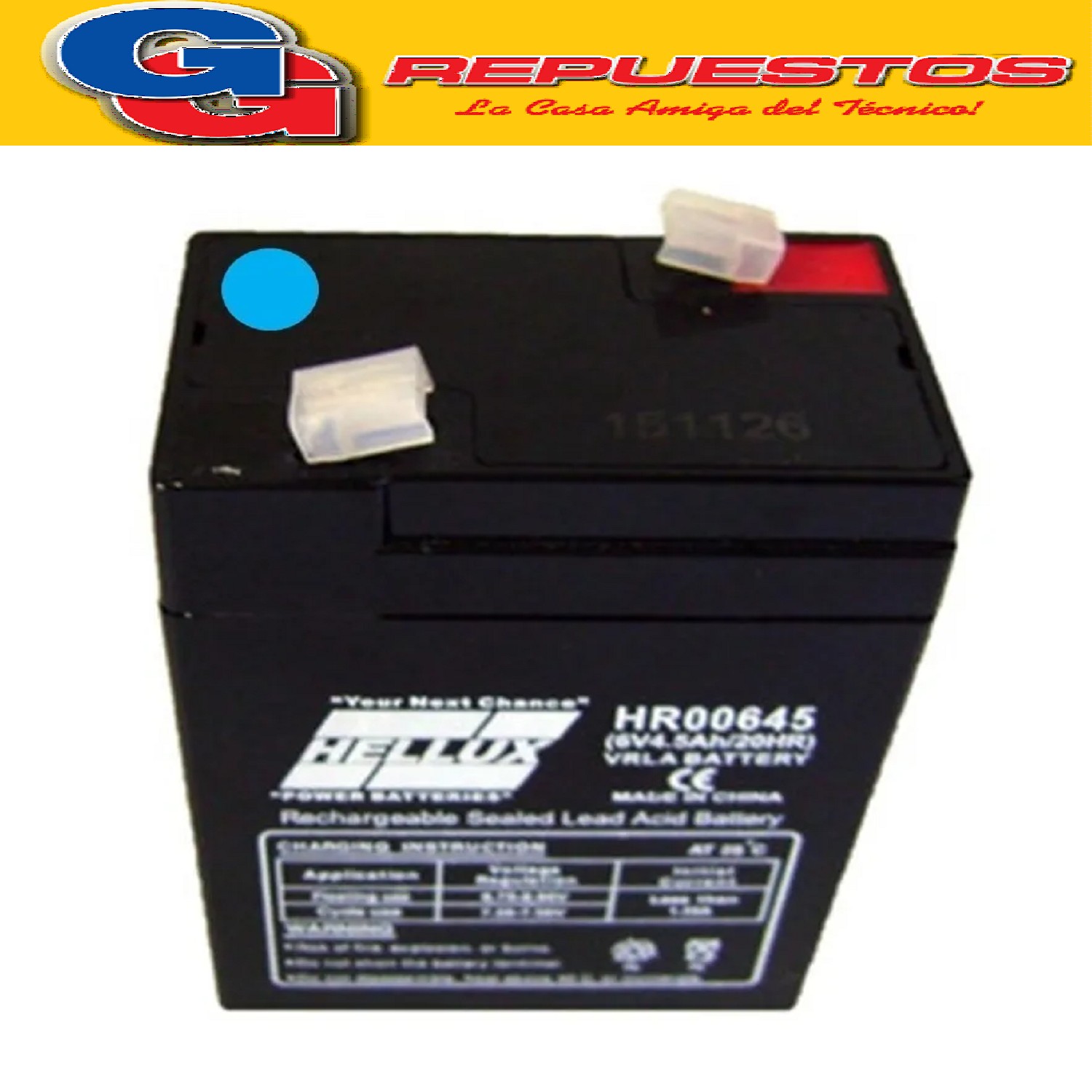 BATERIA 6V-4.5AH ELECTROL.ABSORBIDO BATERIA 6 V 4.5 A Largo:70 mm Ancho:47 mm Altura:101 mm Tipo de conector: FO-01