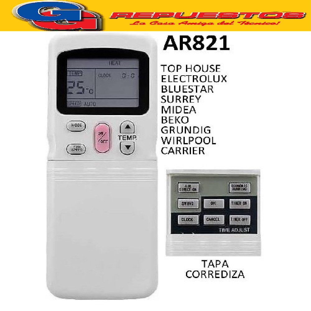 CONTROL REMOTO AIRE ACONDICIONADO SPLIT COMPATIBLE CON SURR  EY Y VARIOS FRIO CALOR R11CG/E GRUNDIG TOP HOUSE ELECTROLUX MIDEA WHIRLPOLL WHITE WESTINGHOUSE MARSHALL CARRIER BLUESTAR BEKO A421