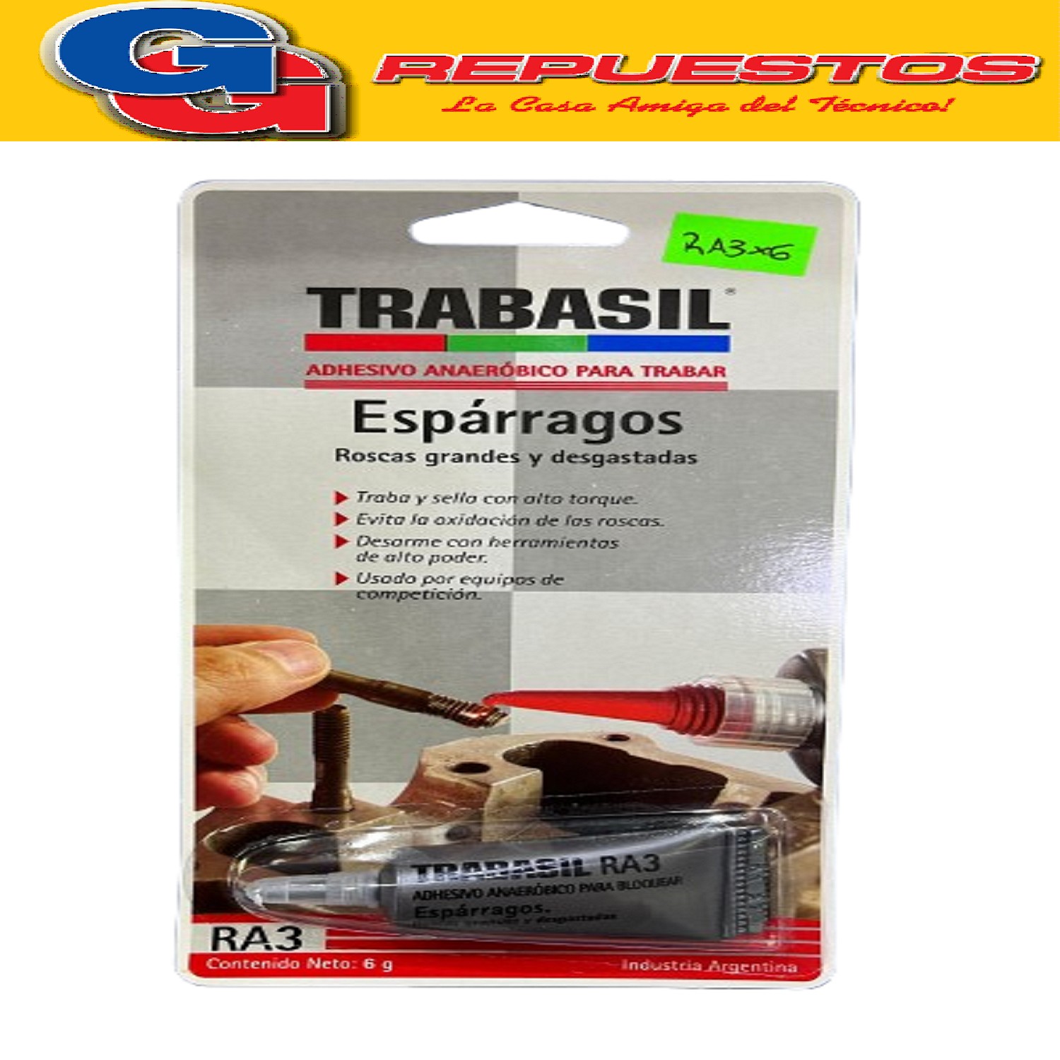 TRABASIL RA3 X 6 GR TRABA ESPARRAGOS ALTO TORQUE 0.45 mm ADH ESIVO ANAEROBICO PEGAMENTO