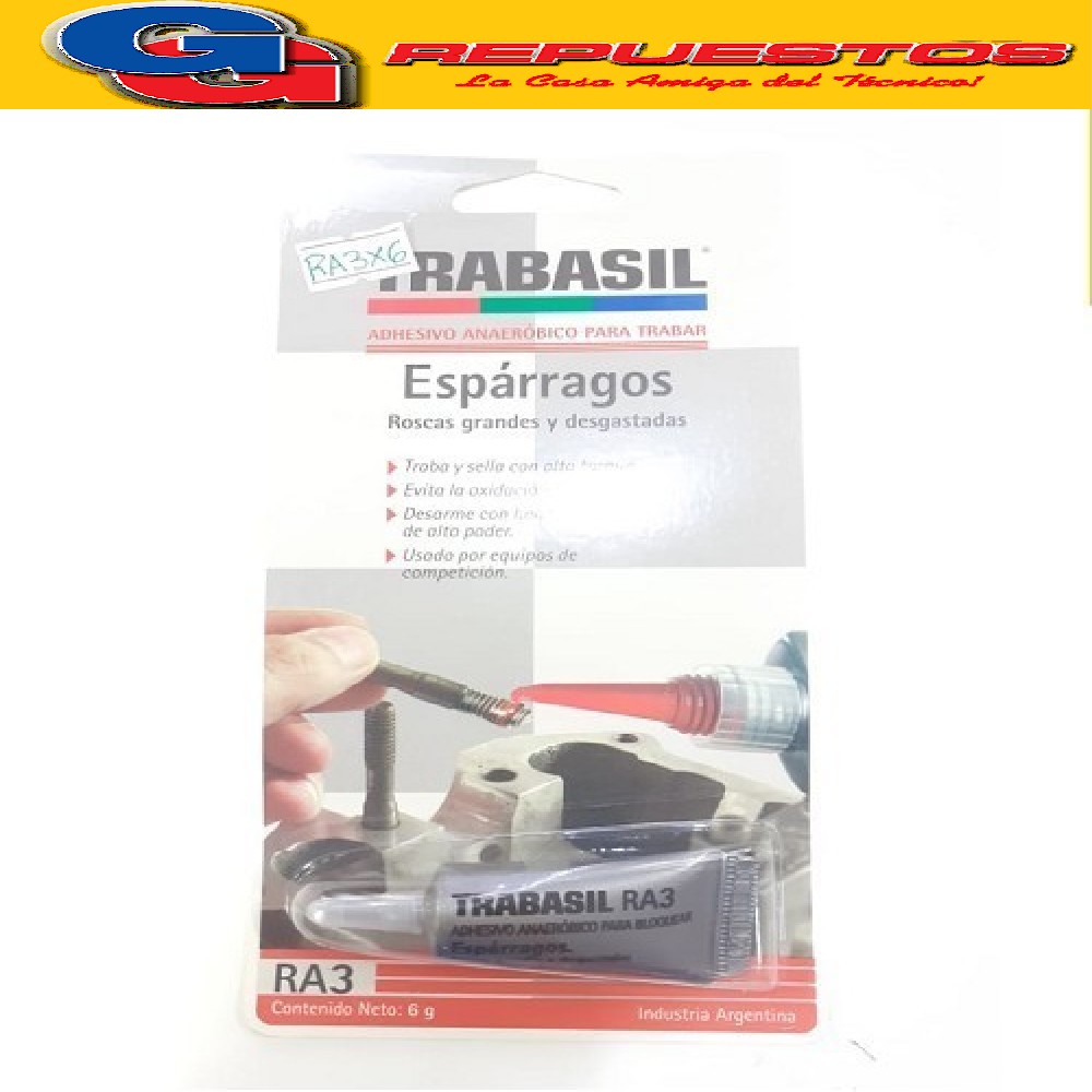 TRABASIL RA3 X 6 GR TRABA ESPARRAGOS ALTO TORQUE 0.45 mm ADH ESIVO ANAEROBICO PEGAMENTO