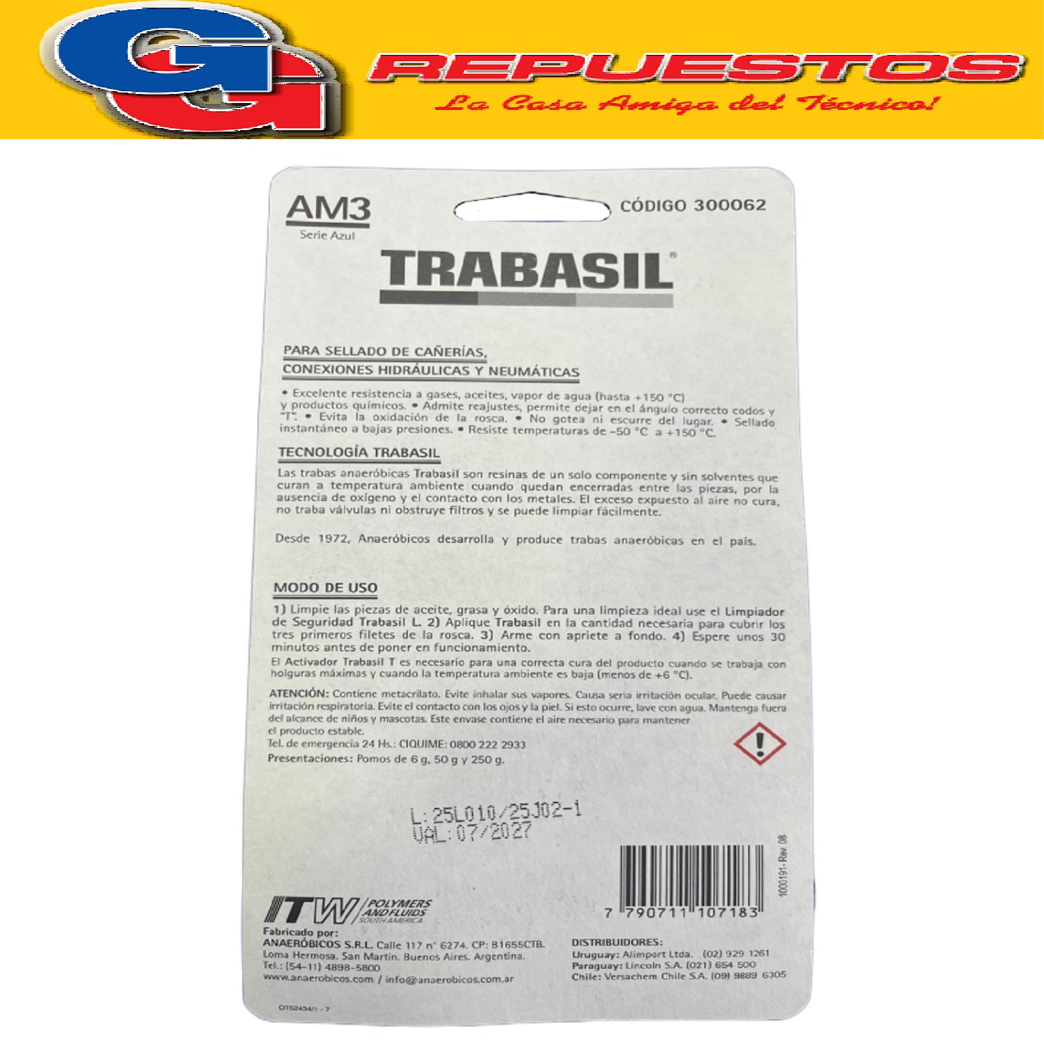 TEFLON LIQUIDO TRABASIL AM3 X 6 GR SELLA ROSCAS 0.50 mm  ADH ESIVO ANAEROBICO PEGAMENTO TEFLON LIQUIDO TIEMPO PARCIAL DE SECADO 30 MINUTOS Y FINAL DE 1HS