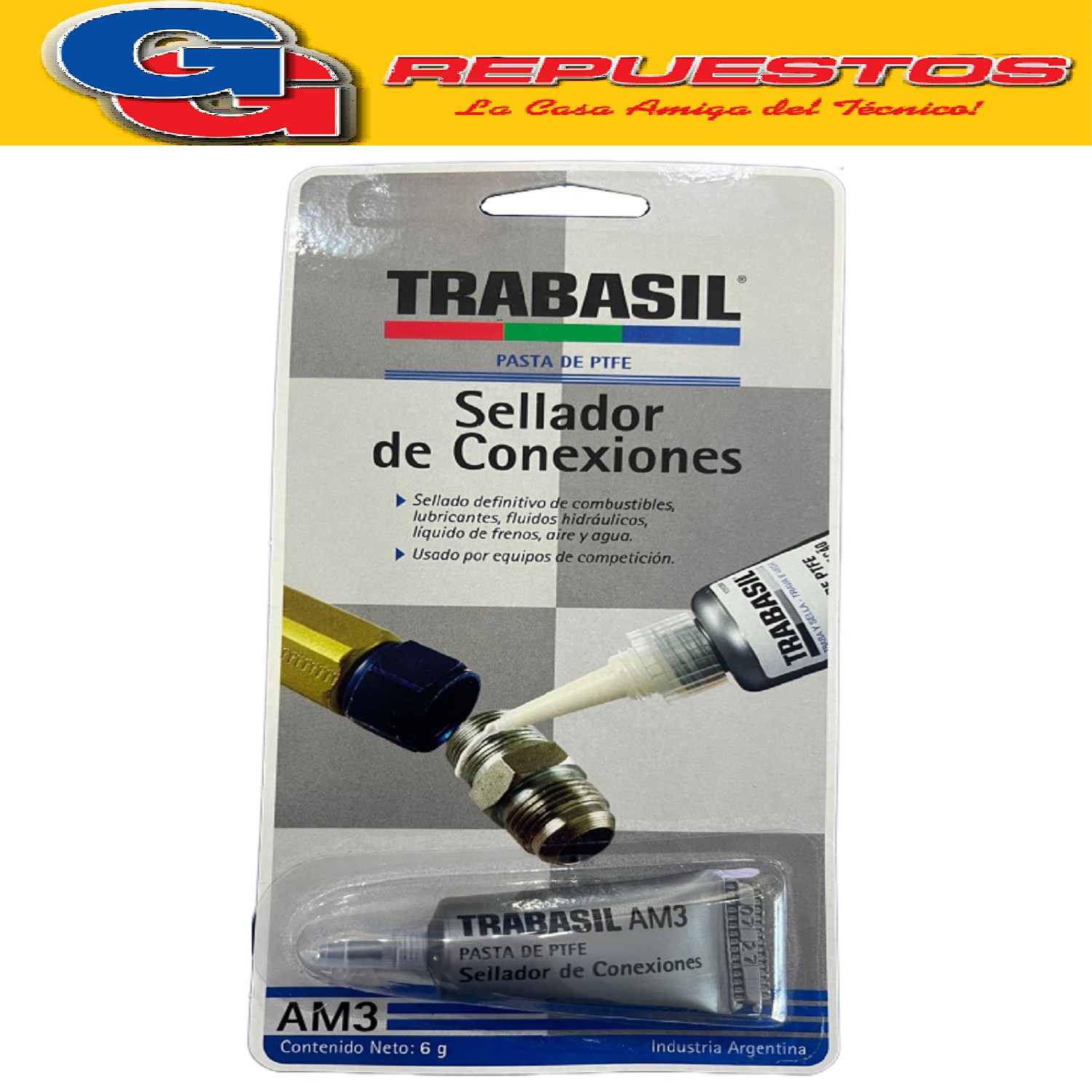 TEFLON LIQUIDO TRABASIL AM3 X 6 GR SELLA ROSCAS 0.50 mm  ADH ESIVO ANAEROBICO PEGAMENTO TEFLON LIQUIDO TIEMPO PARCIAL DE SECADO 30 MINUTOS Y FINAL DE 1HS