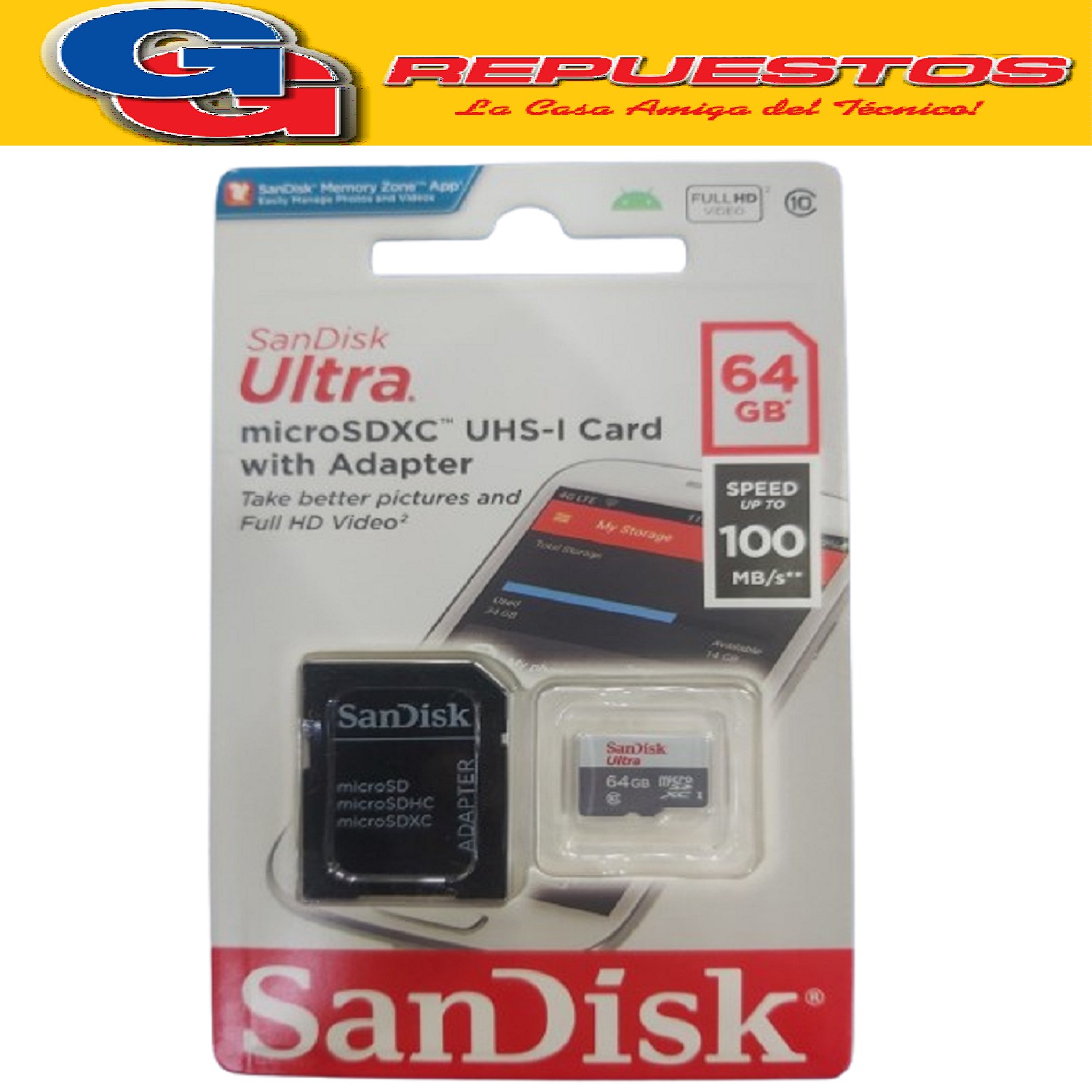 TARJETA DE MEMORIA MICROSDXC SANDISK ULTRA 64GB UHS - Y CON  ADAPTADOR