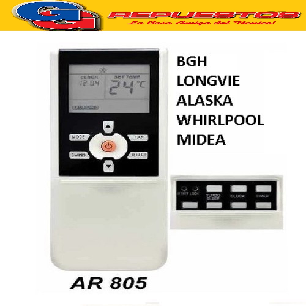CONTROL REMOTO AIRE ACONDICIONADO SPLIT COMPATIBLE CON AR805 DAEWOO WHIRLPOL NIDEA ALSKA BGH LONGVIE A405