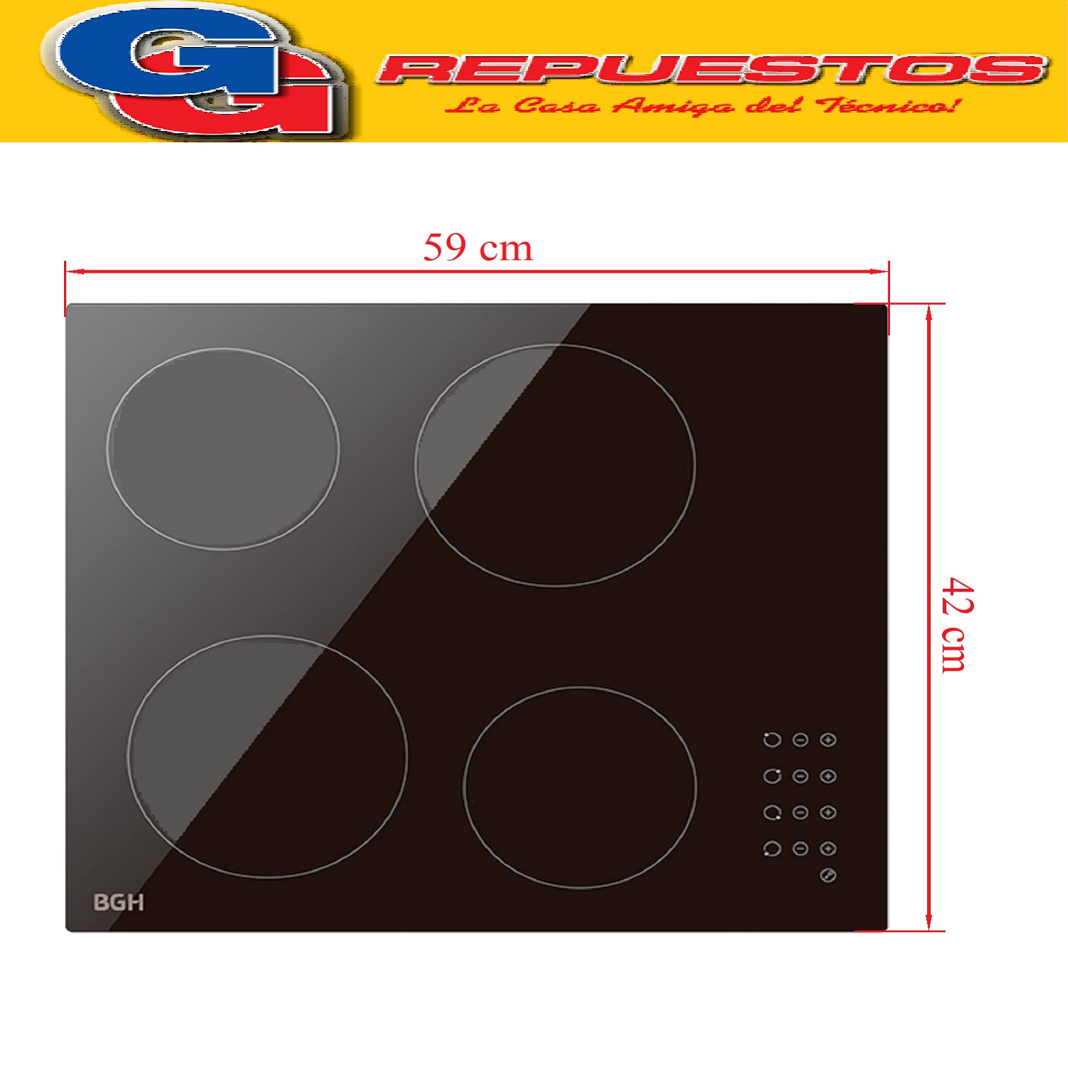REPUESTO VITROCERAMICO PARA ANAFE ELECTRICO PARA  BGH  AVB04 H42 - 4HORNALLAS - 52 CM X 59 CM - ESTANTE SUPERIOR PARA ANAFE DE VIDRIO. VIDRIO SOLO SIN PLAQUETAS NI RESISTENCIAS