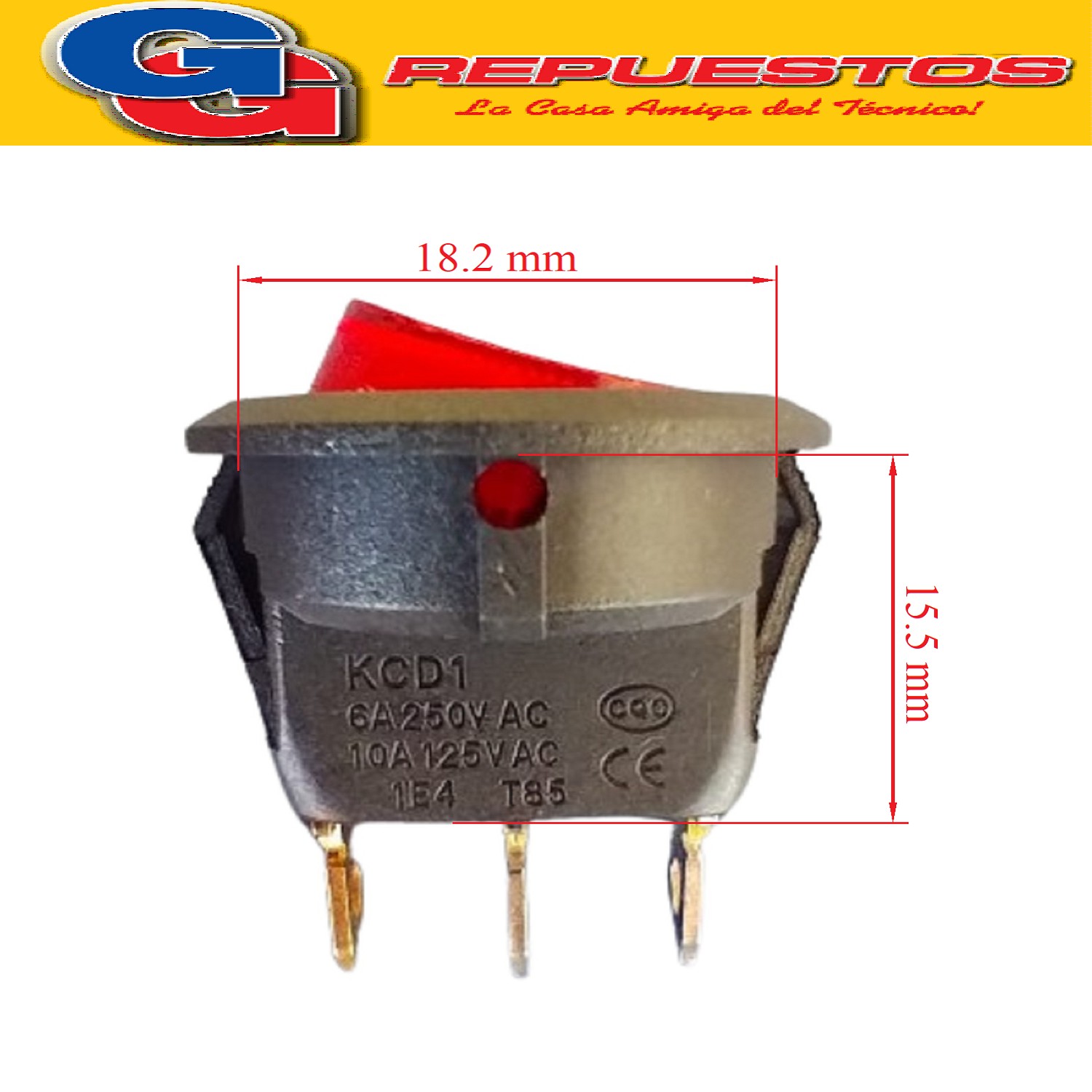 LLAVE TECLA ON-OFF 6.5A 250V CON NEON diametro de ori ficio  para calce  21 mm INTERRUPTOR