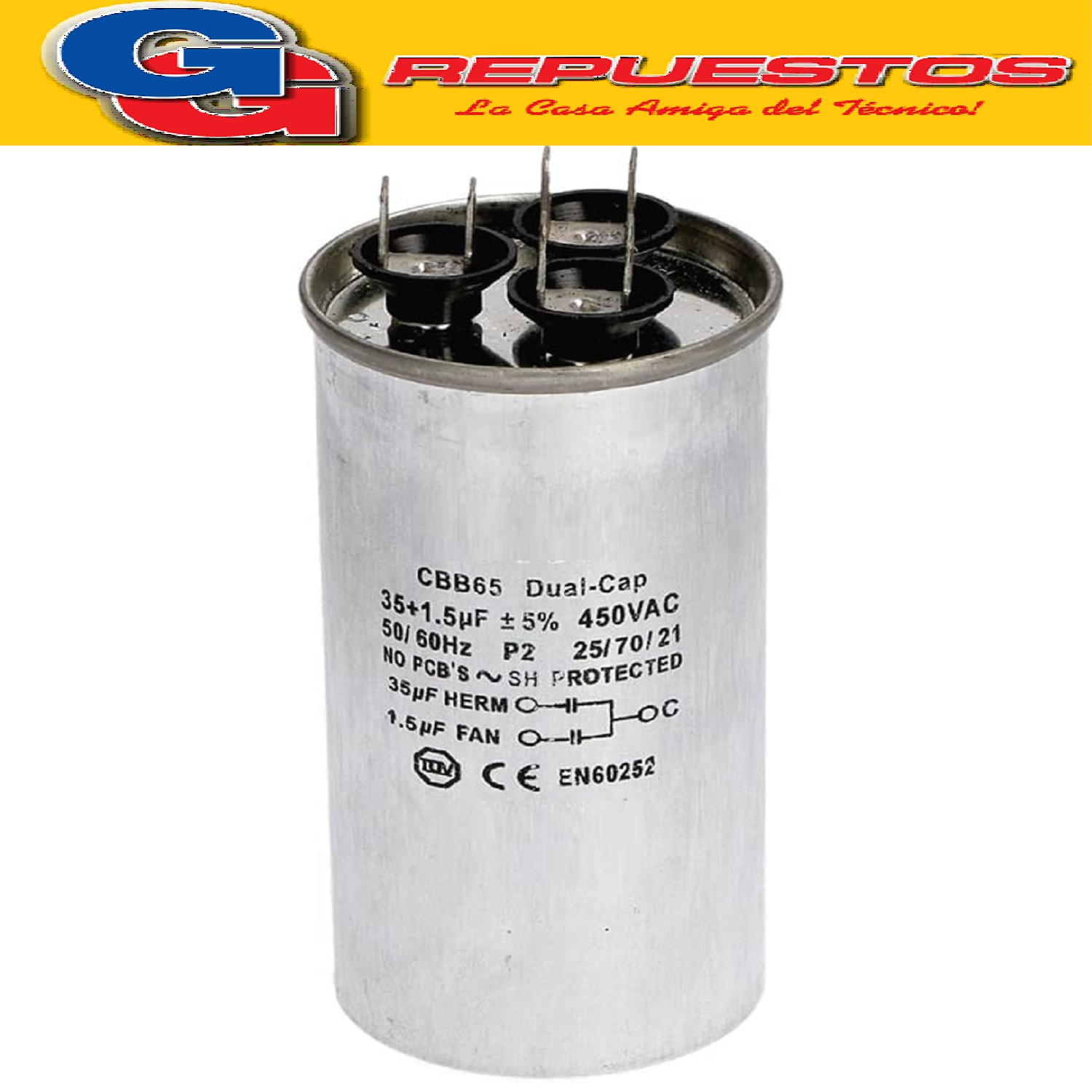 CAPACITOR DUAL DOBLE 35 + 1.5uf X 450V PARA AIRE  ACONDICION ADO