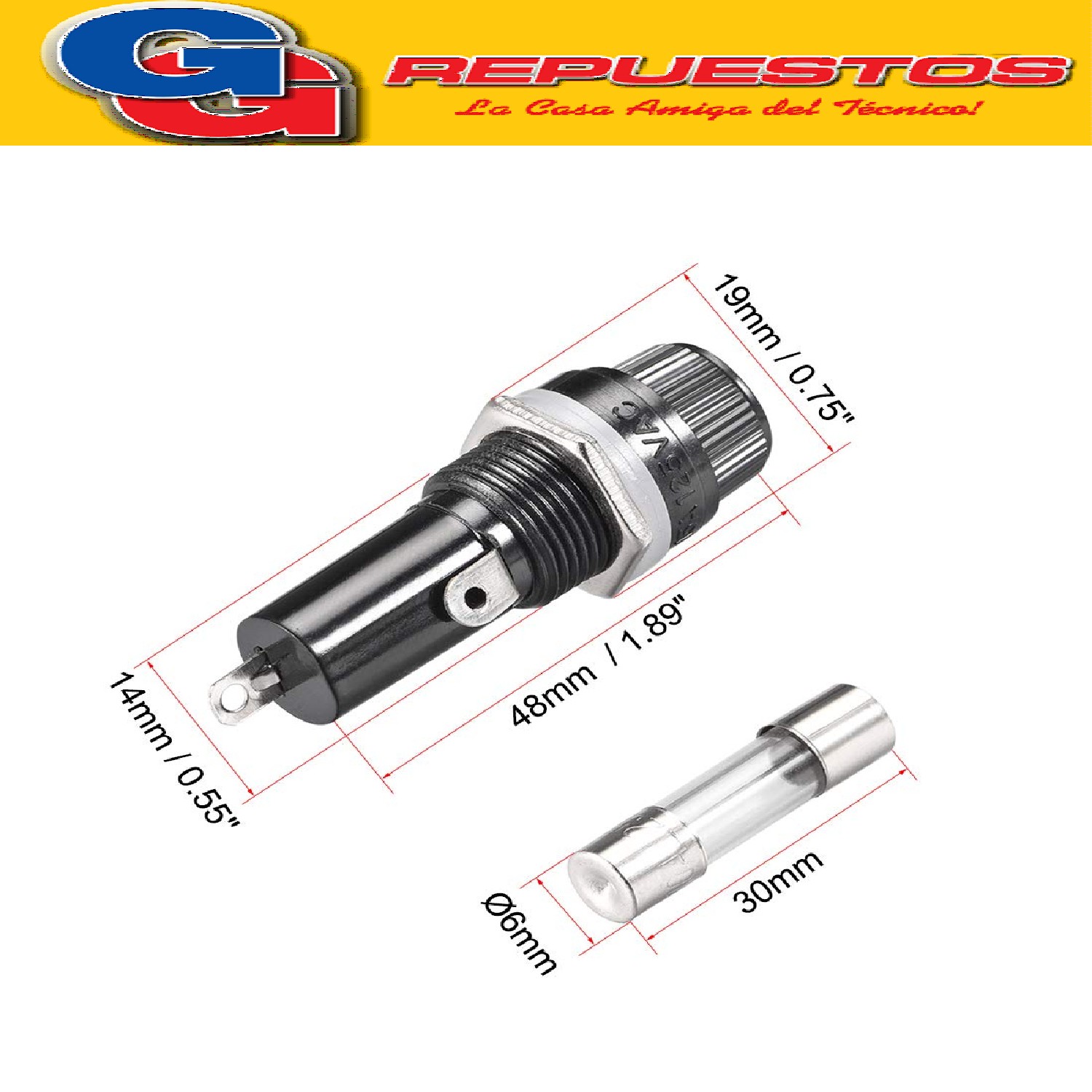 PORTAFUSIBLE A ROSCA 30MM C/TERMINAL PLANA 10A 250V