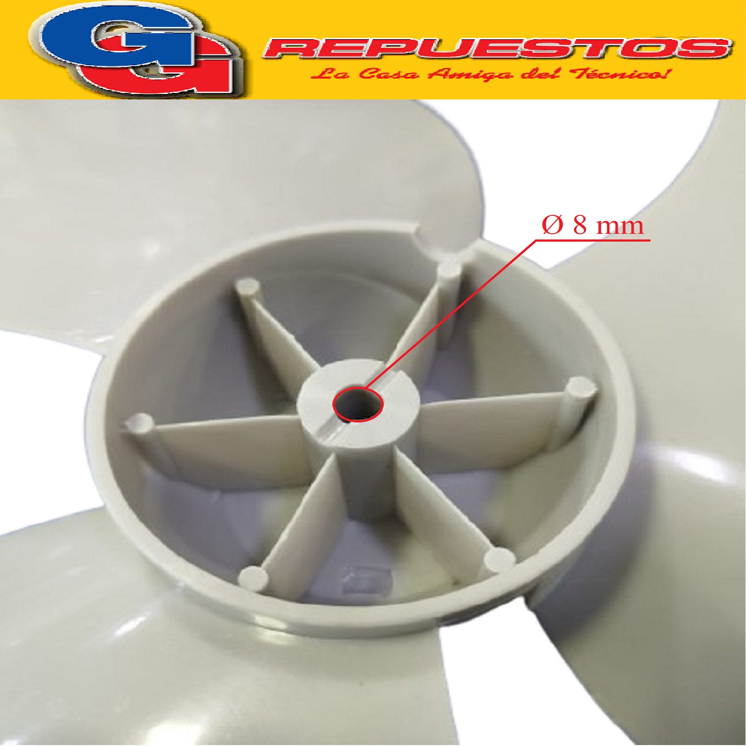 HELICE 16  EJE 8mm 1/2 CAÑA A PRESION PLASTICA (PALETA PARA  VENTILADOR) ALTO APROX 45 MM